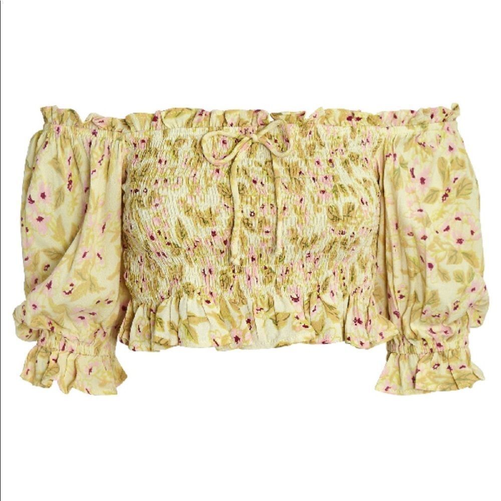 Faithfull the Brand Isadora Floral Puff Sleeve Off Shoulder Smocked Crop Top 4/S